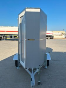 mobile portable trailer toilet back side view Dubai, Abu Dhabi, UAE, Oman, Saudi Arabia