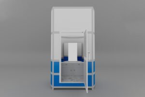 portable changing room with blue and white color combination with interior view from outside